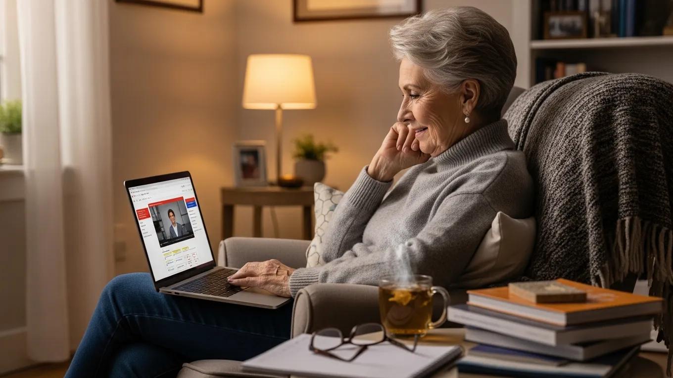 An older adult studying Spanish online in a cozy home setting, highlighting the flexibility of language learning