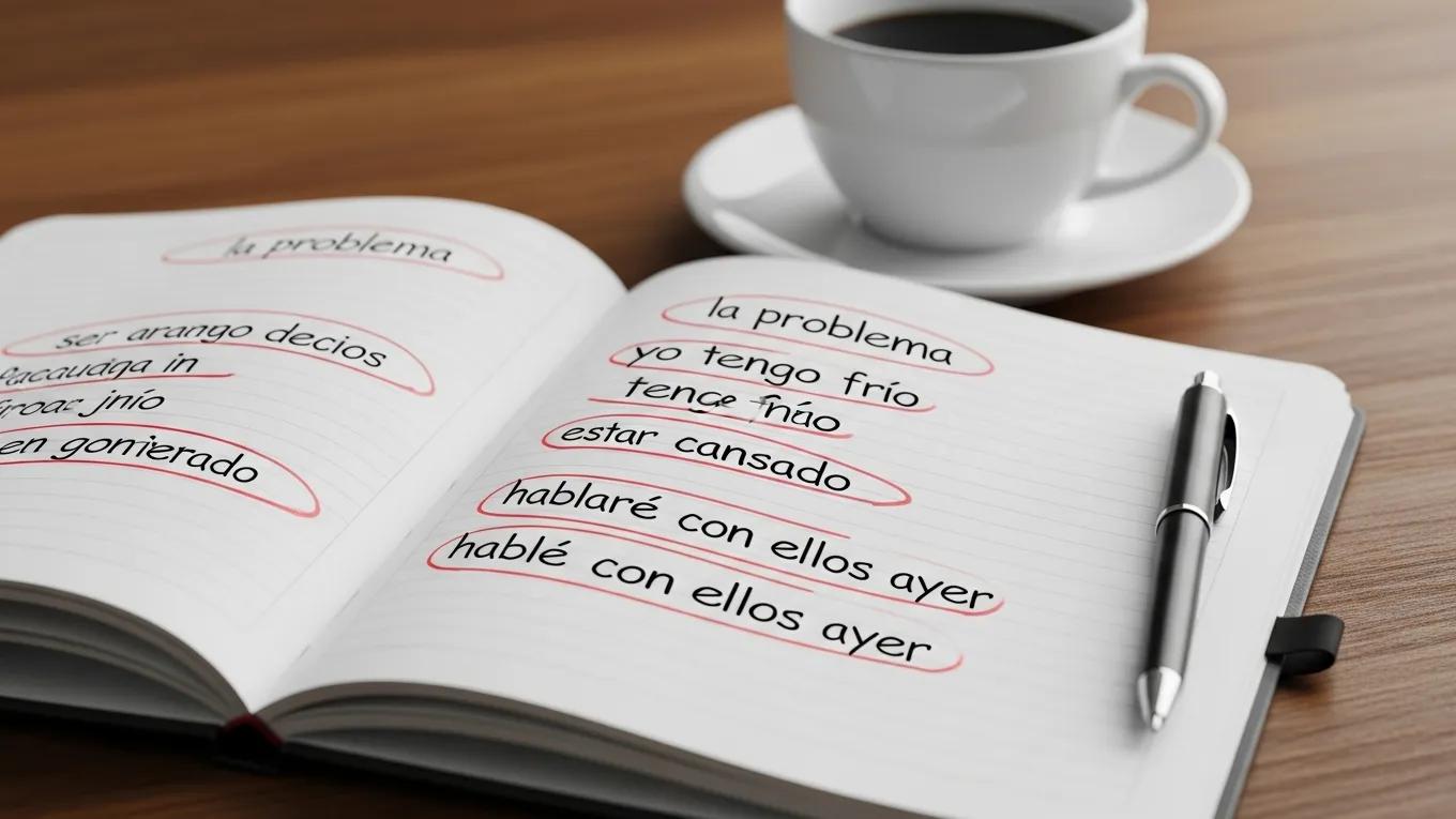 Close-up of a notebook with common Spanish grammar mistakes, emphasizing learning from errors
