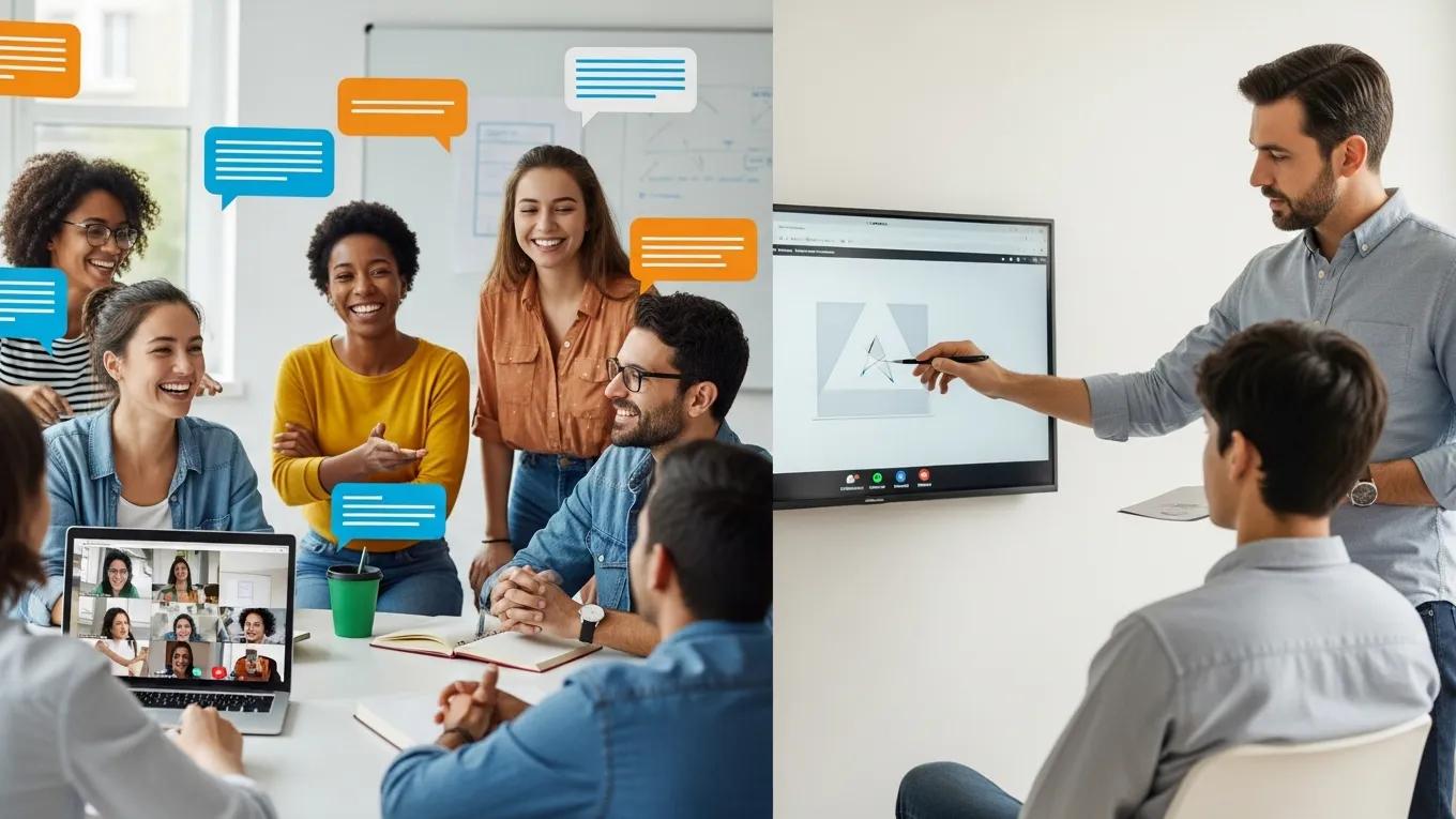 Contrasting scenes of a group online Spanish class and a private lesson, illustrating the differences in learning environments