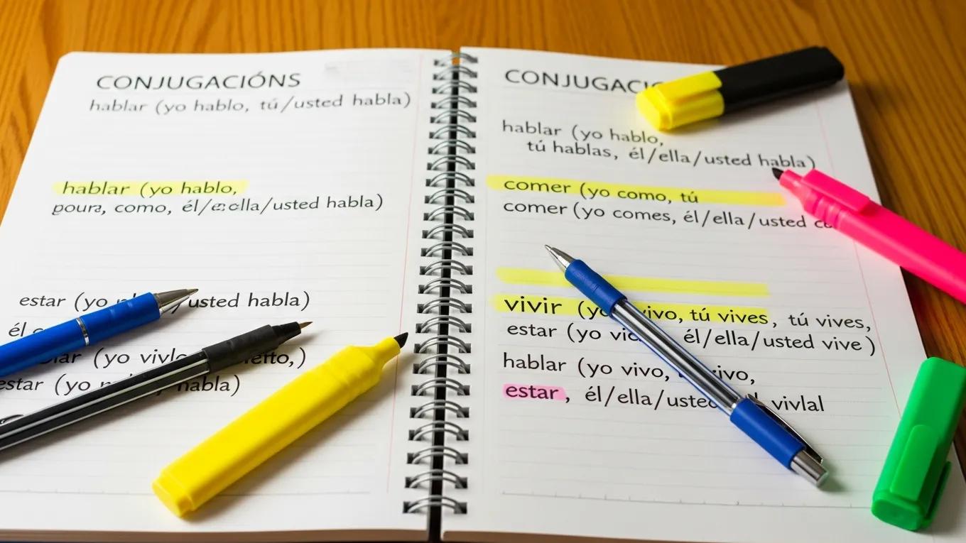 Notebook with Spanish verb conjugation examples and colorful writing tools