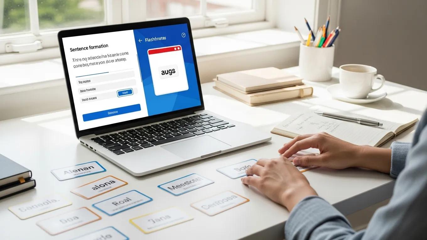 Person practicing Spanish sentence formation on a laptop with flashcards